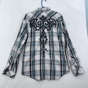 Helix Shirt Mens M Gray Plaid Embroidered Biker Y2K Athletic Fit Button Up